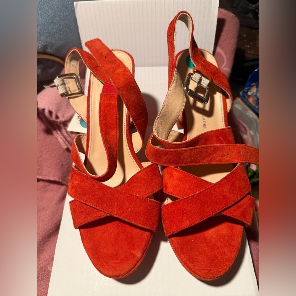 Lavorazione Artigiana Italian Burnt Orange Red Block Suede Sandal Heels
